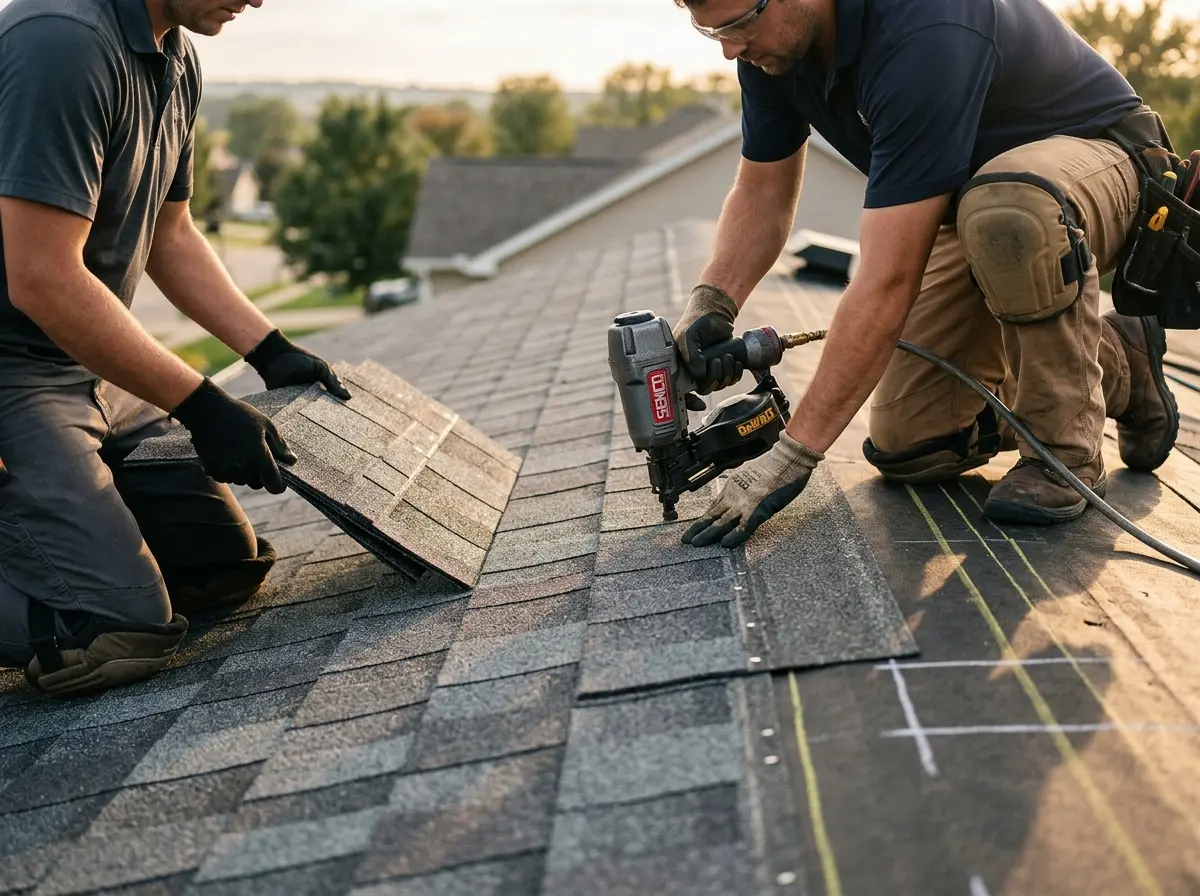 Professional roofer working on a residential roof in Kinross